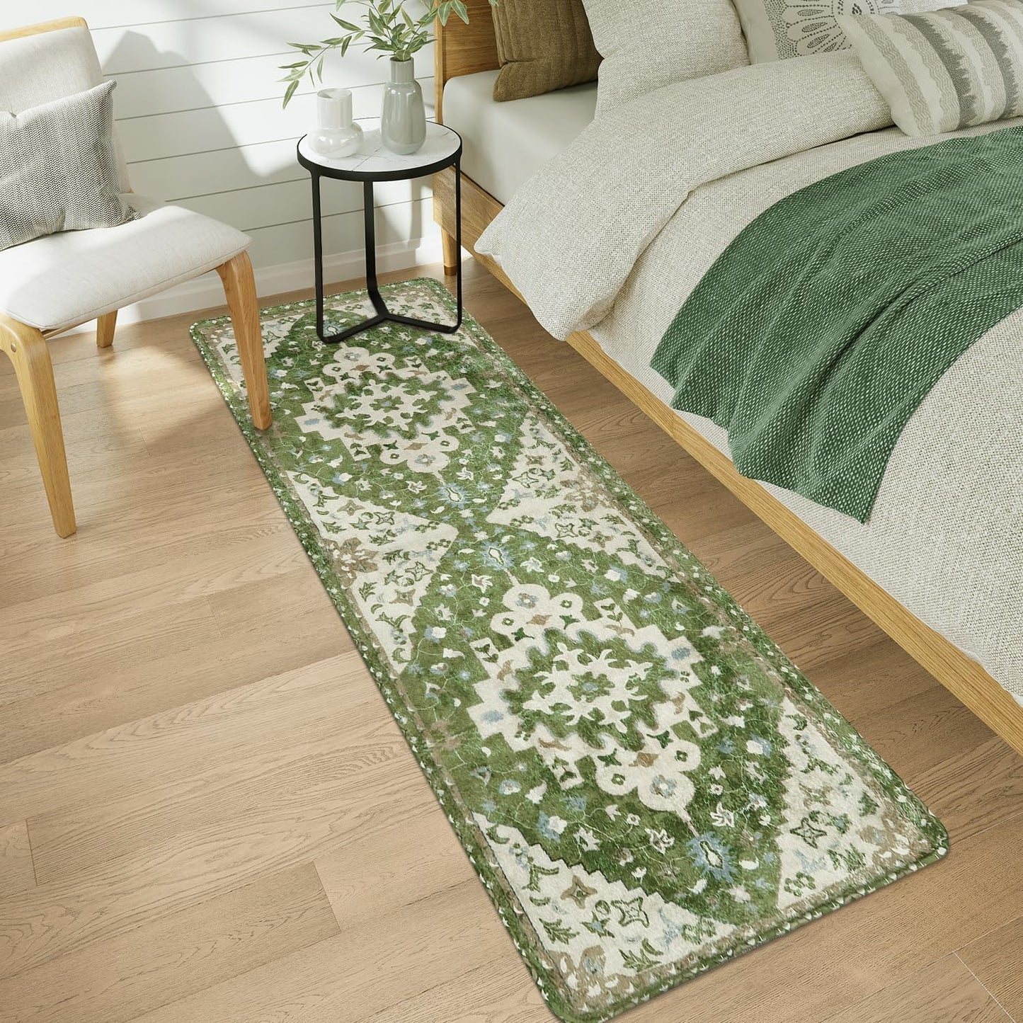 Uphome Vintage Bathroom Runner Rug Sage Green Boho Non-Slip Kitchen Runner Oriental Soft Machine Washable Hallway Rug Tribal Floral Aesthetic Shower Mat for Bedroom Entryway Kids Room, 24x71 inch
