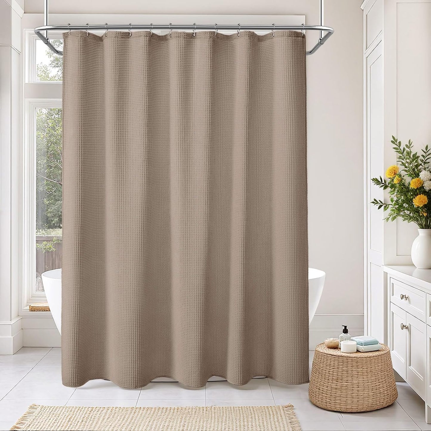 Waffle Weave Shower Curtain - Beige Cotton Fabric Texture Heavyweight Shower Curtain for Bathroom,Washable,72Wx72L