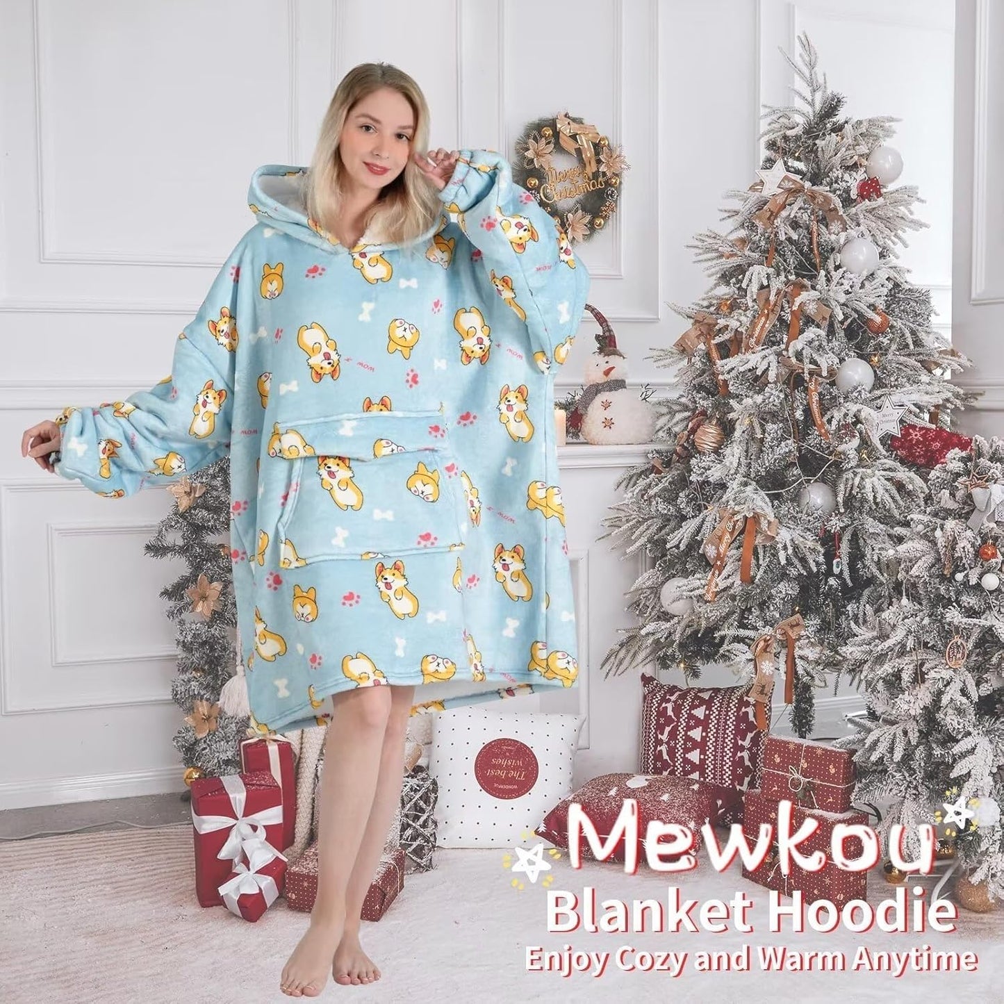 Wearable Blanket Hoodie for Adult,Oversized Sherpa Fleece Blanket Hoodie for Women Men,Corgi