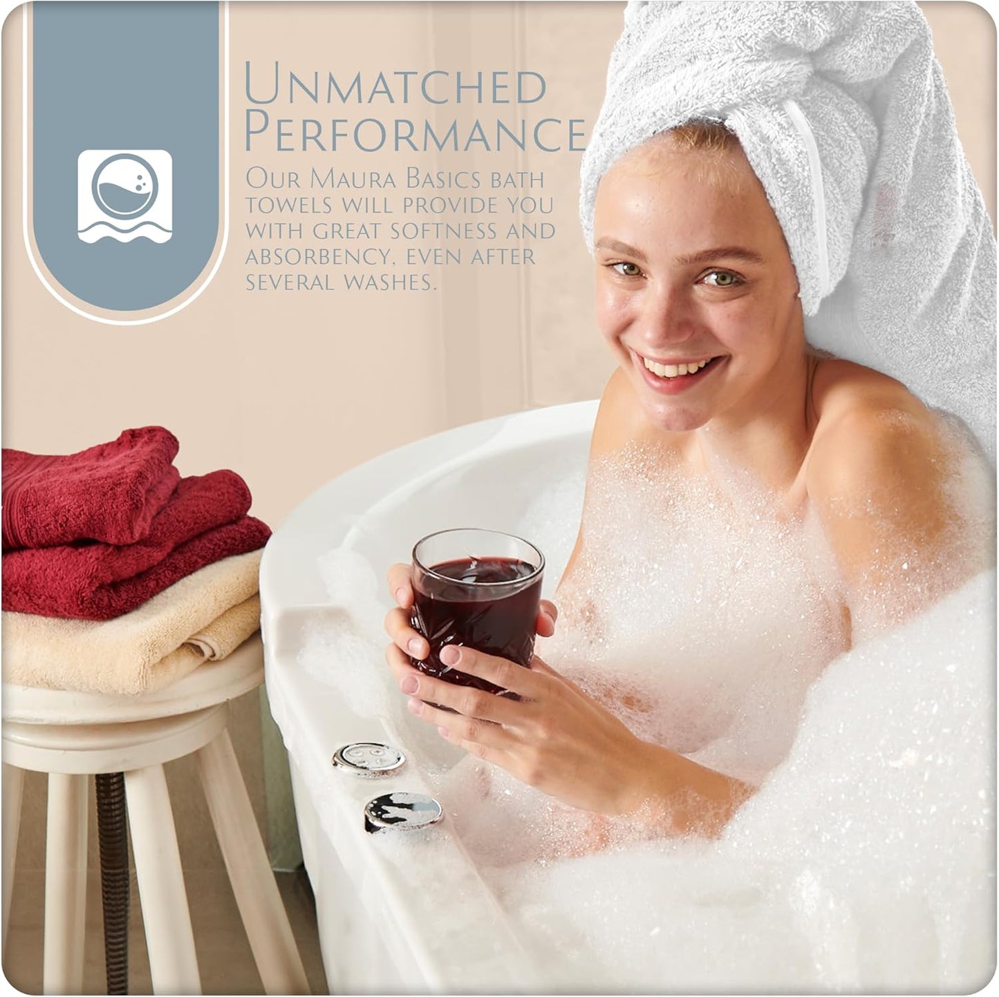 MAURA Basics Performance Bath Towels 100% Turkish Cotton with Hook Loops. Extra Large Luxury Absorbent Plush Towel Sets for Bathroom, Daily Use American Standard Size 27”x54”, White