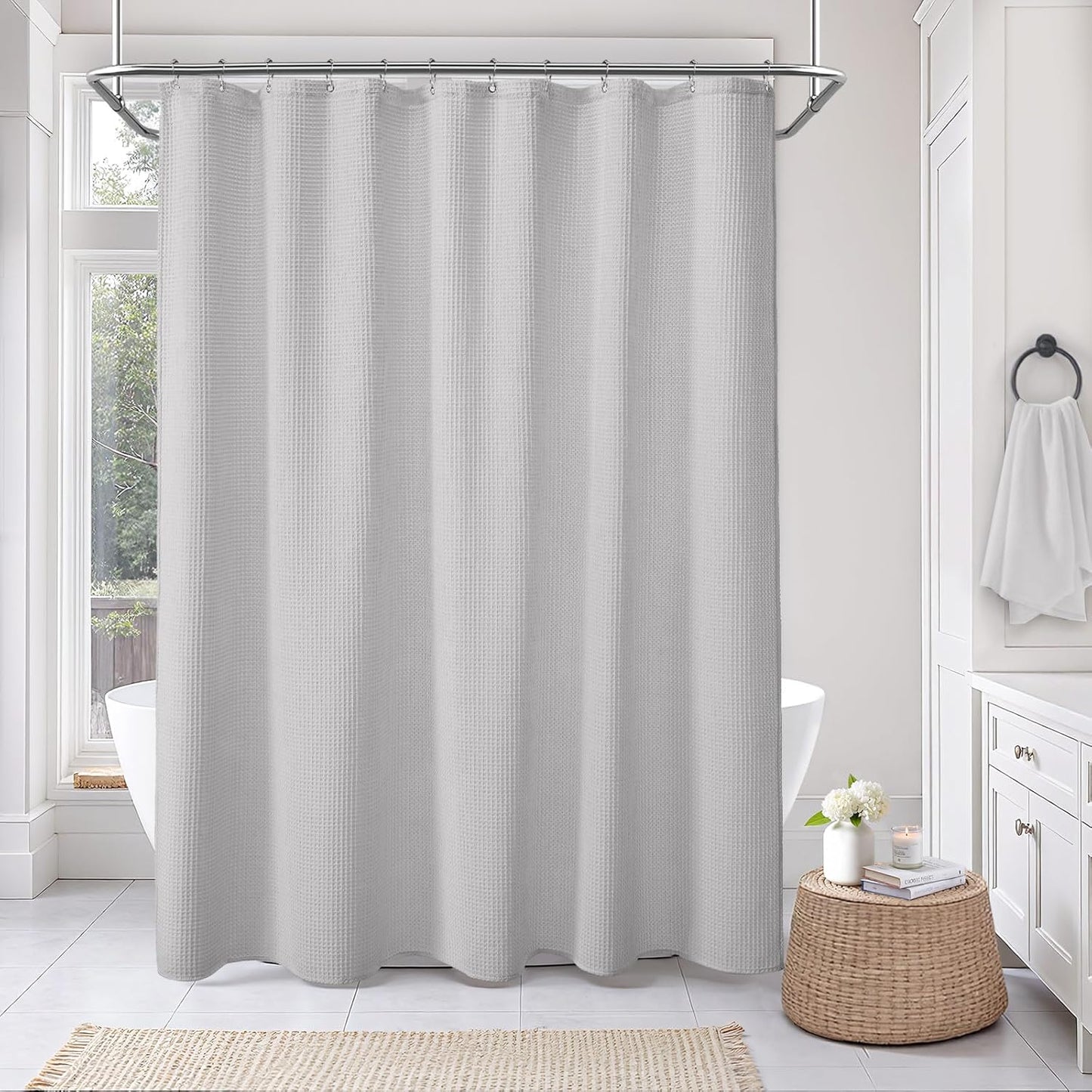 Waffle Weave Shower Curtain - Light Grey Cotton Fabric Texture Heavyweight Shower Curtain for Bathroom,Washable,72Wx90L