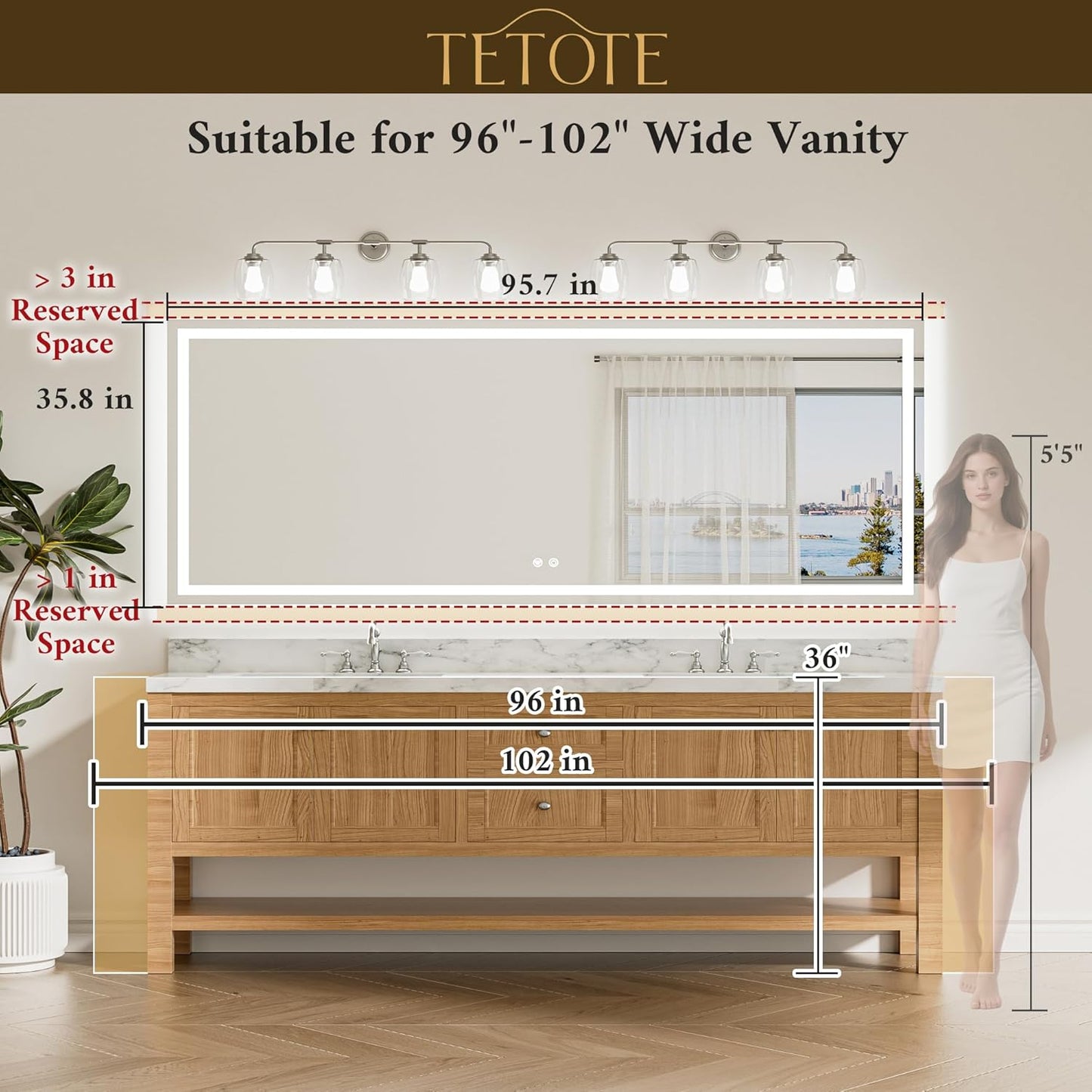 TETOTE 96 x 36 LED Lighted Bathroom Mirror with Lights Wall Mounted, Brighter Front and Backlit Led Vanity Mirror, 3-Color Dimmable Light up Anti Fog Mirror, Waterproof, Shatterproof Tempered Glass