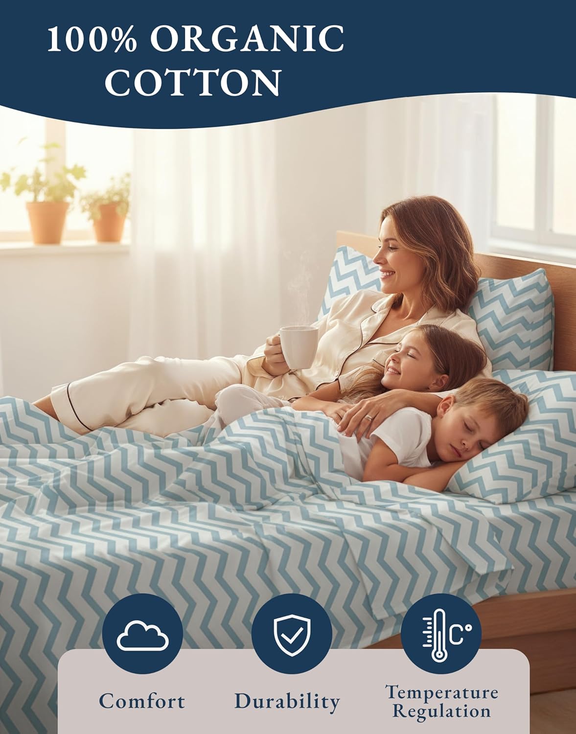 LANE LINEN 100% Organic Cotton Printed California King Sheets Set, 4-Piece All Seaons Soft & Comfy Mercerized Fully Elasticized Naturally Temperature Regulating Printed Cotton Cal King Sheets -Chevron