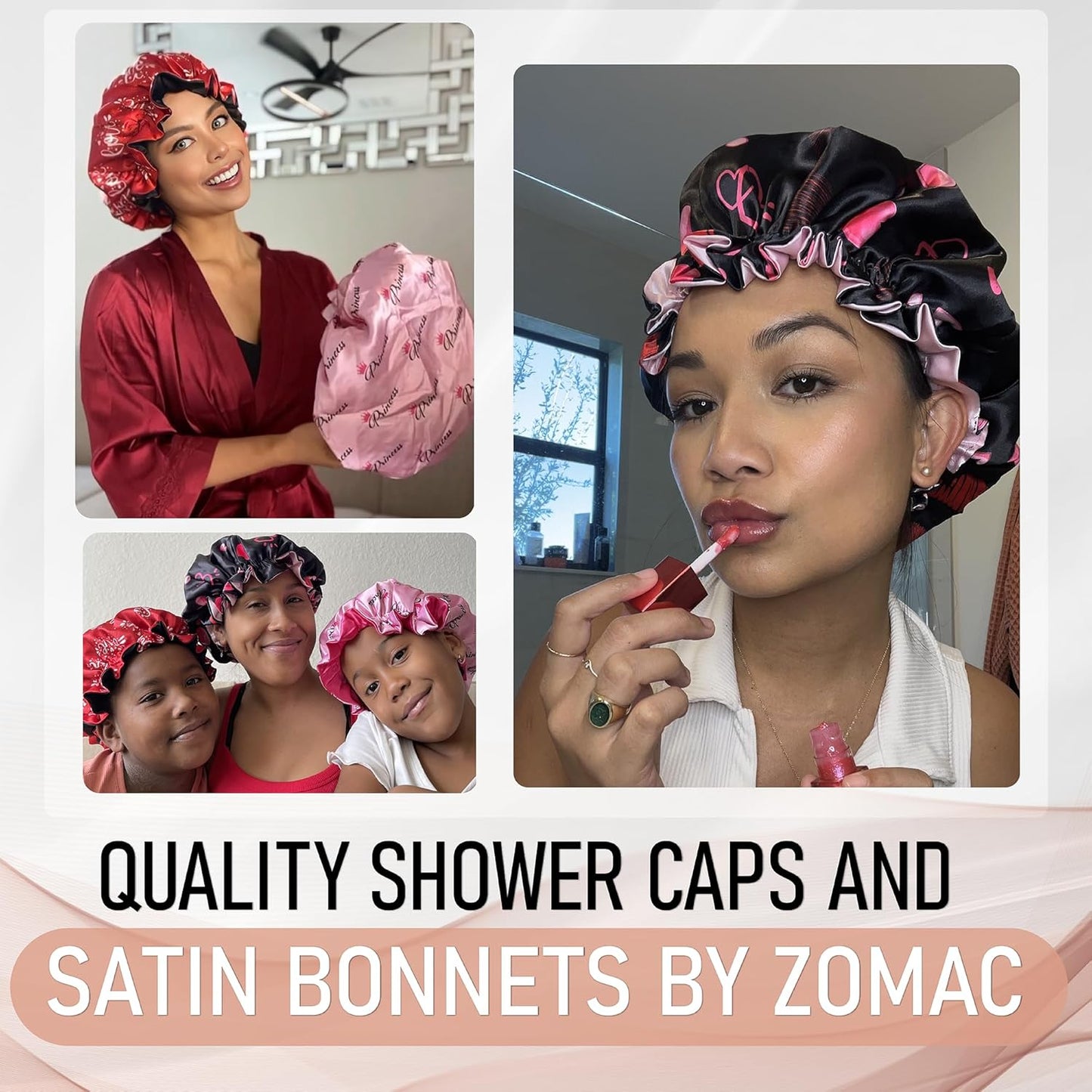 Satin Shower Cap for Women, Reusable and Waterproof Shower Cap for Long Hair, Luxury Print and Double Layer (Pink, Large)