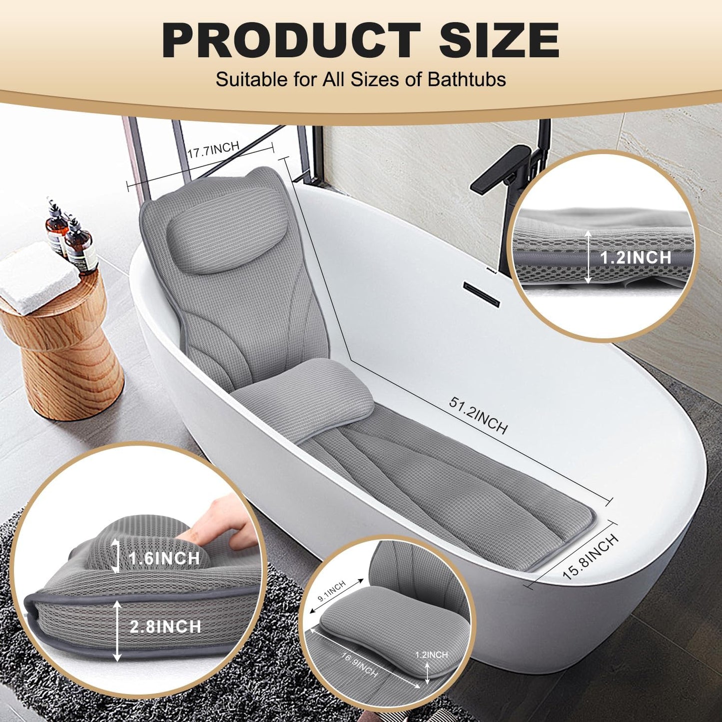 Extra Long Thick Full Body Bath Pillow for Tub with Lumbar Pillow- Luxury 4D Air Mesh Bathtub Pillow with Head, Shoulder & Back Support, Non-Slip Bath Cushion with Suction Cups, Fits All Tubs-Gray