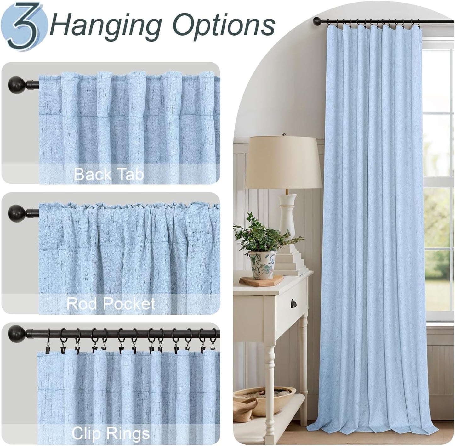 Total Blackout Baby Blue Linen Curtains 108 Inches Long 2 Panel Set Light Blue Pale Sky Colored Floor to Ceiling Thermal Spring Summer Curtain for Living Room Bedroom Patio Sliding Door Drape Back Tab