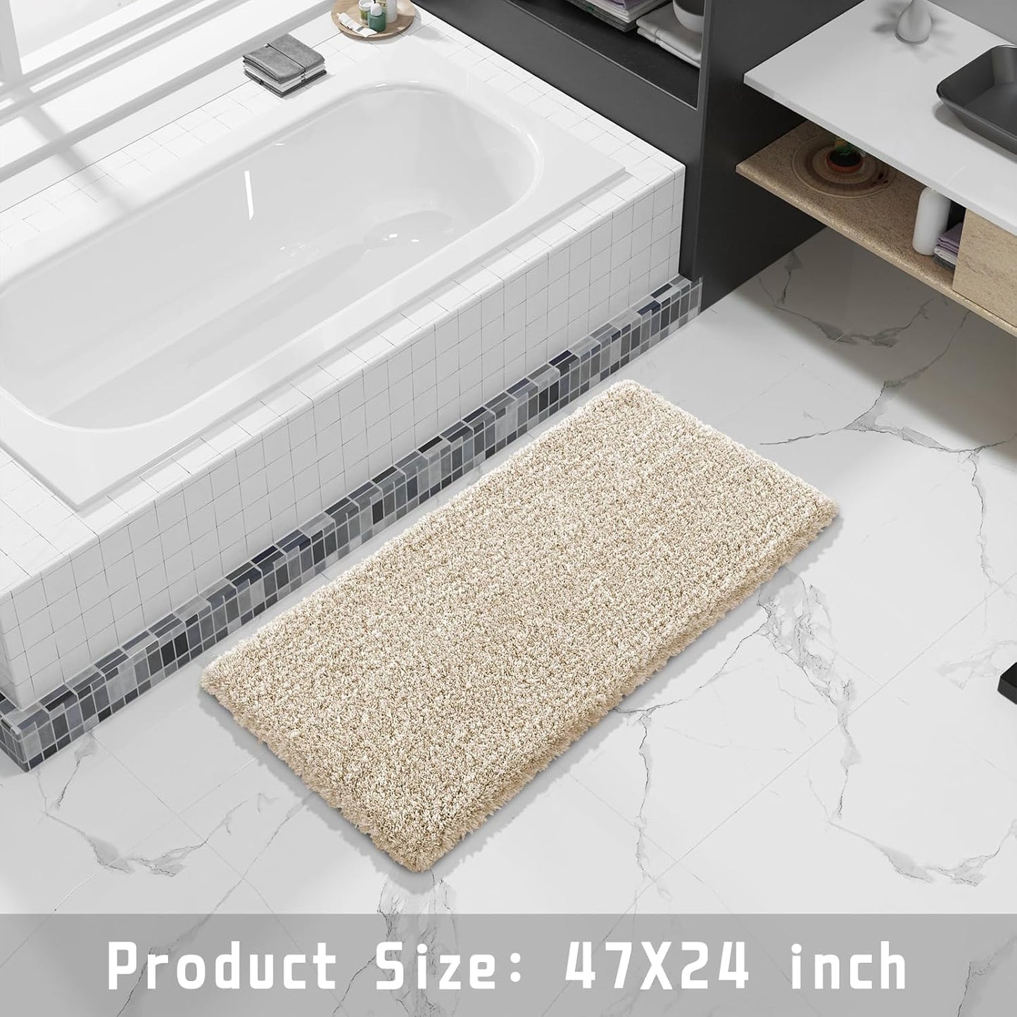 Yimobra Luxury Bathroom Rugs, Fluffy Bath Mats, Non Slip, Water Absorbent Microfiber, Machine Washable, Plush Runner Shower Rugs, Thick Matts for Bathroom Floor/Tub, 47"x 24", Light Beige and White