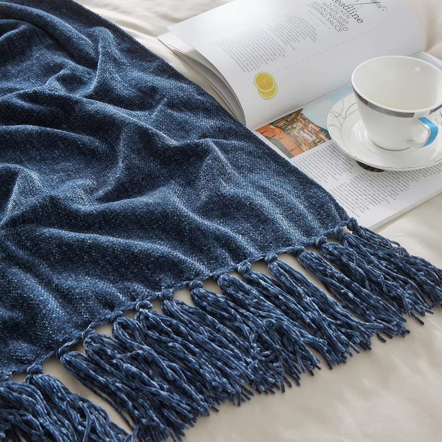 CozeCube Chenille Throw Blanket for Couch, Cozy Plush Fuzzy Decorative Navy Blue Blanket with Fringe Tassels, Lightweight Throws for Bed Sofa Gift Home Decor, 60"X80"