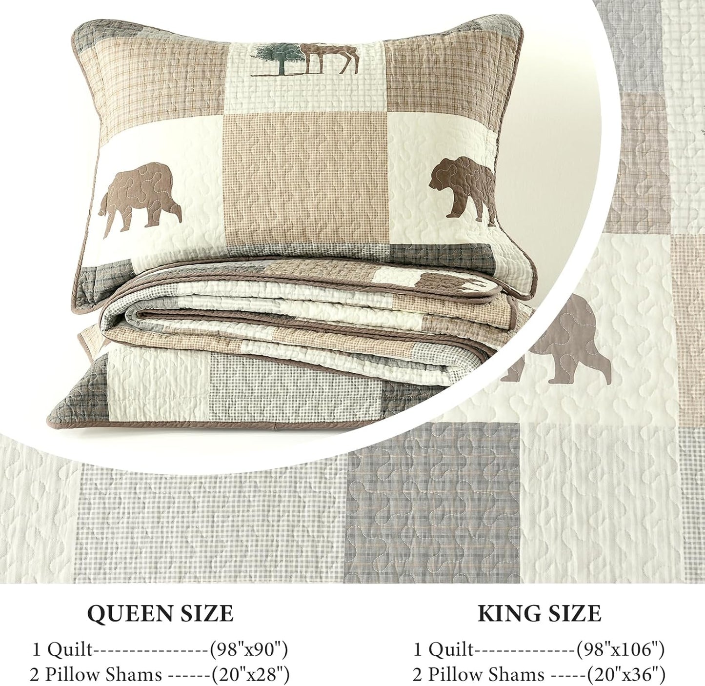 Uniclinens Plaid Quilt Set King Size, 100% Cotton Patchwork Quilts, Brown Farmhouse Lightweight Quilted Comforter, Soft Rustic Bedspread, 3 Pieces Set with 2 Pillowshams, Beige/Brown/Gray