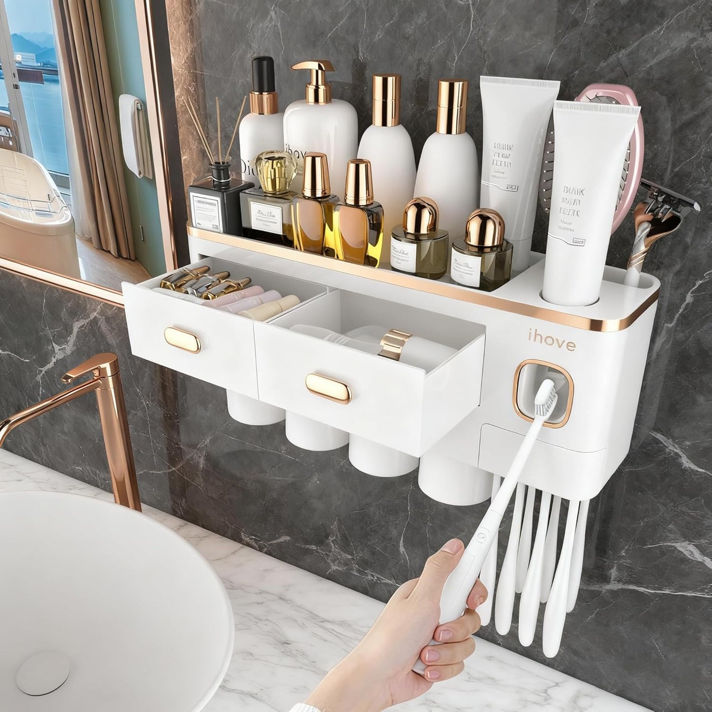 iHave Toothbrush Holders for Bathrooms - Upgrade Wall Mounted Toothbrush Holder with Toothpaste Dispenser - 4 Cups