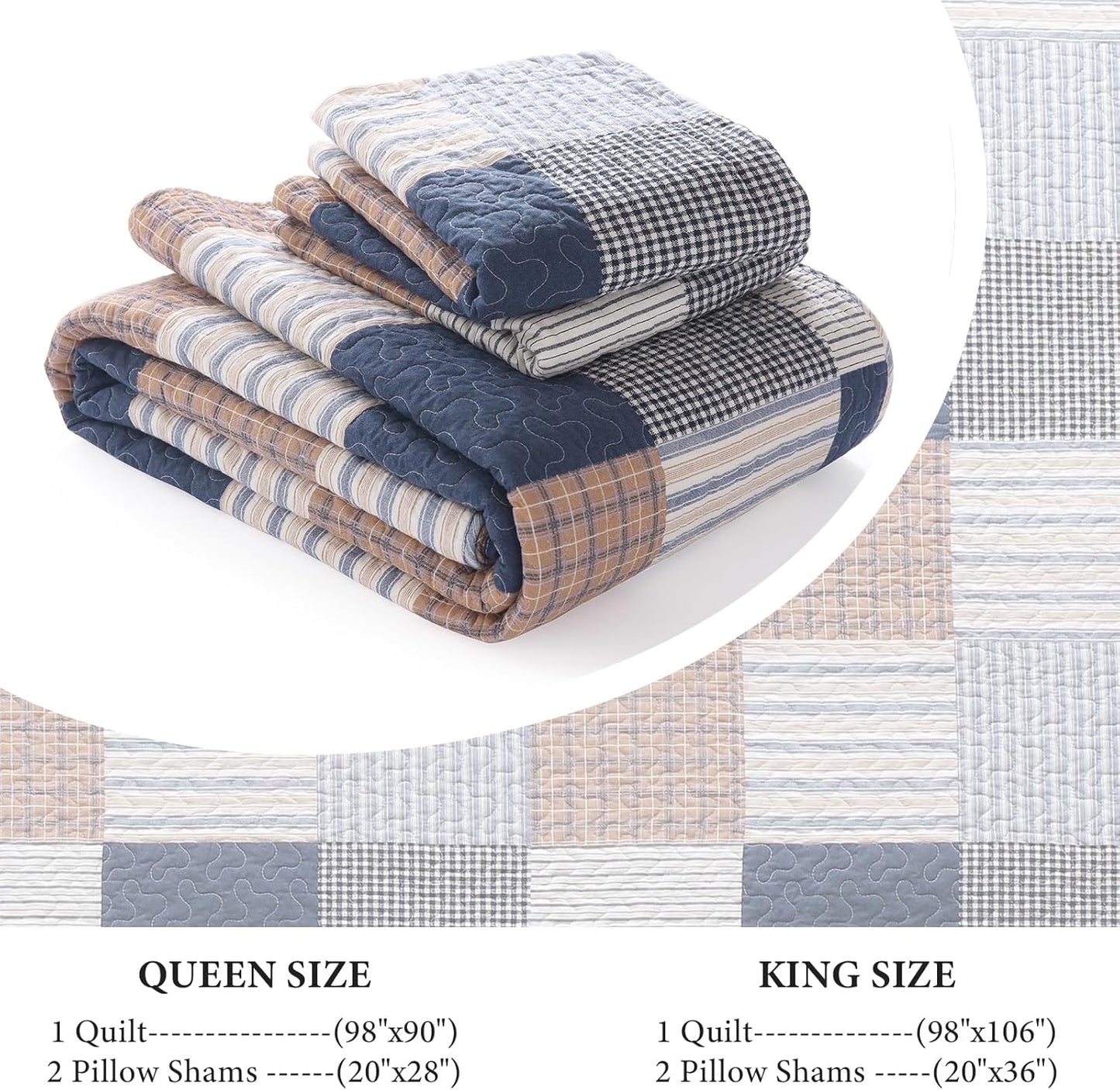 Uniclinens Plaid Quilt Set Queen Size, 100% Cotton Patchwork Plaid Quilt Bedding Set Bedspreads, Farmhouse Lightweight Comforter Quilted Quilt, 3 Pieces Set with 2 Pillowshams, Navy/Brown/White