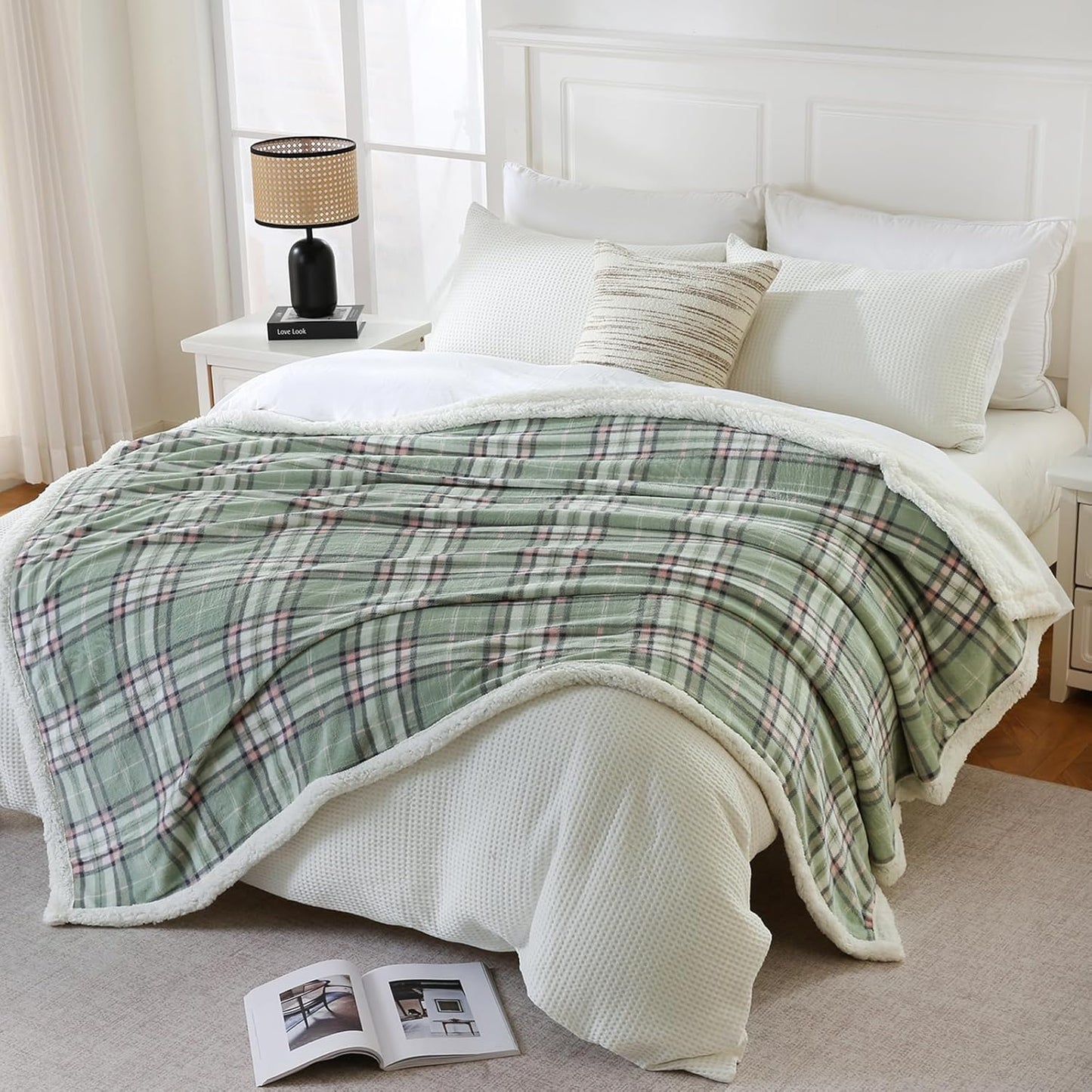PU MEI Sherpa Blanket Twin Plaid Thick Bed Blanket, 60”*80” Super Soft Flannel Fuzzy Fleece Reversible Velvet Plush Warm Blanket for Couch (Green Pink Check)
