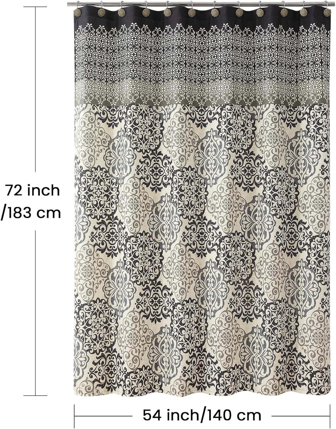 Stall Fabric Shower Curtain, Black and Beige Boho Medallion Print Shower Curtains for Bathroom, 54" W x 72" H