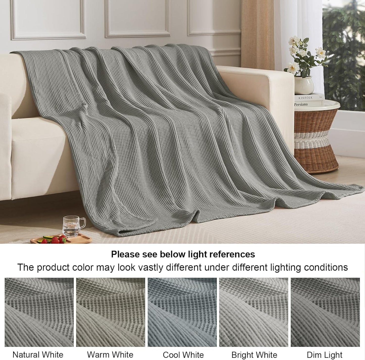 PHF 100% Cotton Waffle & Muslin Blanket Twin Size, Soft Breathable Luxury 400GSM Versatile Reversible Bedding for Bed, Great for Layering in Cold Weather, Home Decor Gift, 66" x 90", Frosted Grey