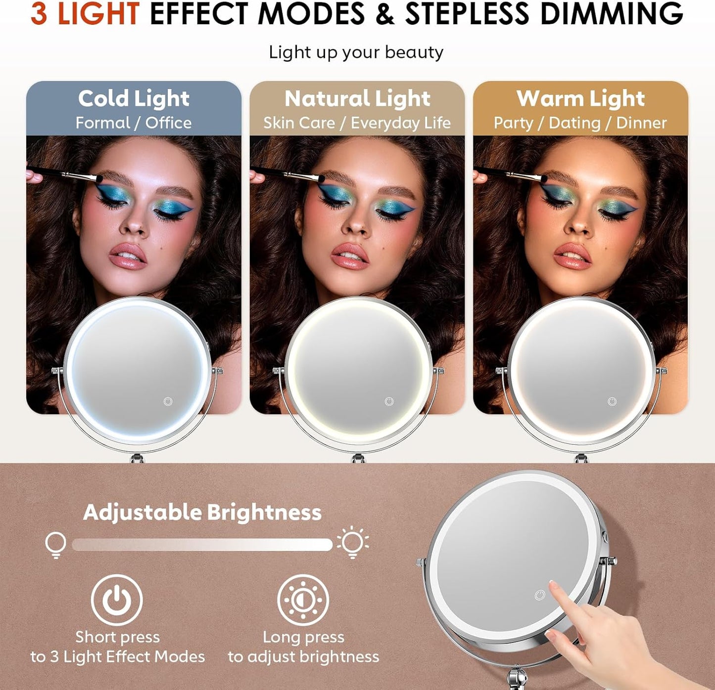 9" Wall Mounted Lighted Makeup Mirror,4000mAh Rechargeable Double Sided 1X/20X Magnifying Mirror with Light,Touch Dimmable,Extended Arm 360 Rotation Wall Mounted Makeup Mirror 3 Color Lights