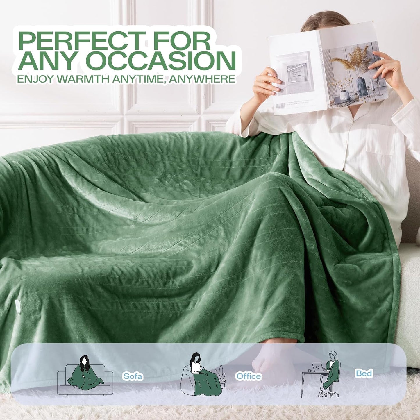 Electric Blanket Heated Throw, Flannel&Sherpa Heated Blanket with 8 Heat Levels & 8 Hours Auto Off, Fast Heating Blankets Machine Washable with ETL Certification, 50x60 Inch, Green