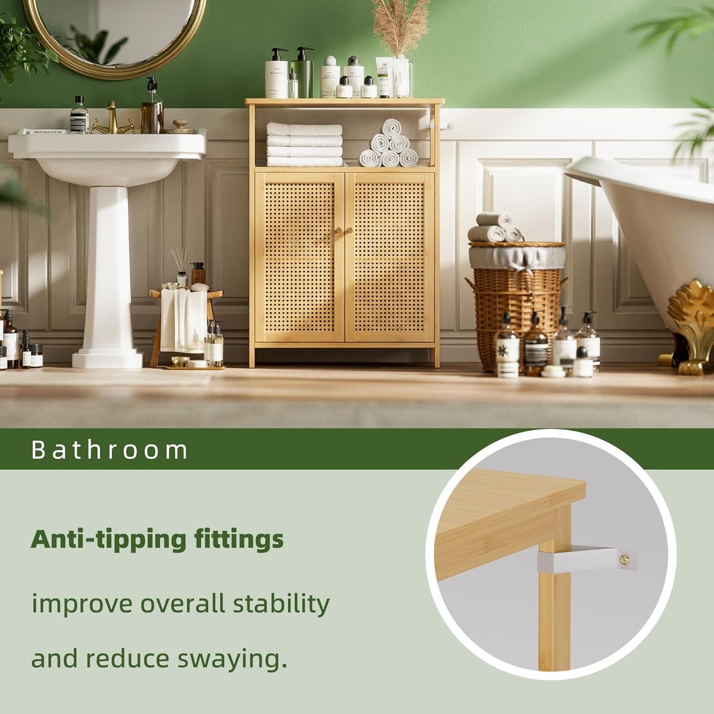 Bathroom Floor Stand Cabinet, Bamboo Storage Organizer Table with 2 Rattan Doors and 1 Shelf, Wooden Side Cupboard for Hallway, Laundry, Kitchen, Living Room (Natural)