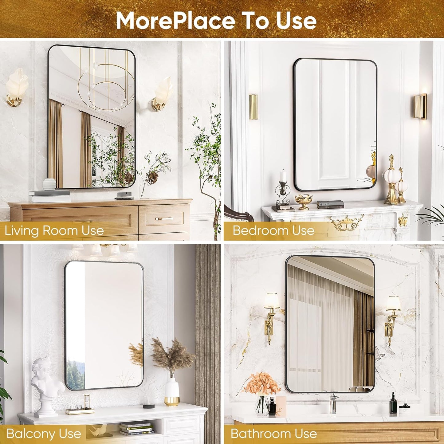 Antok Bathroom Mirror, 36"x24" Wall Mirror, Decorative Mirrors Vanity Mirror Aluminum Alloy Frame Contemporary Rectangular Hanging Mirror for Living Room Bathroom Entryway,Black,Round Corner