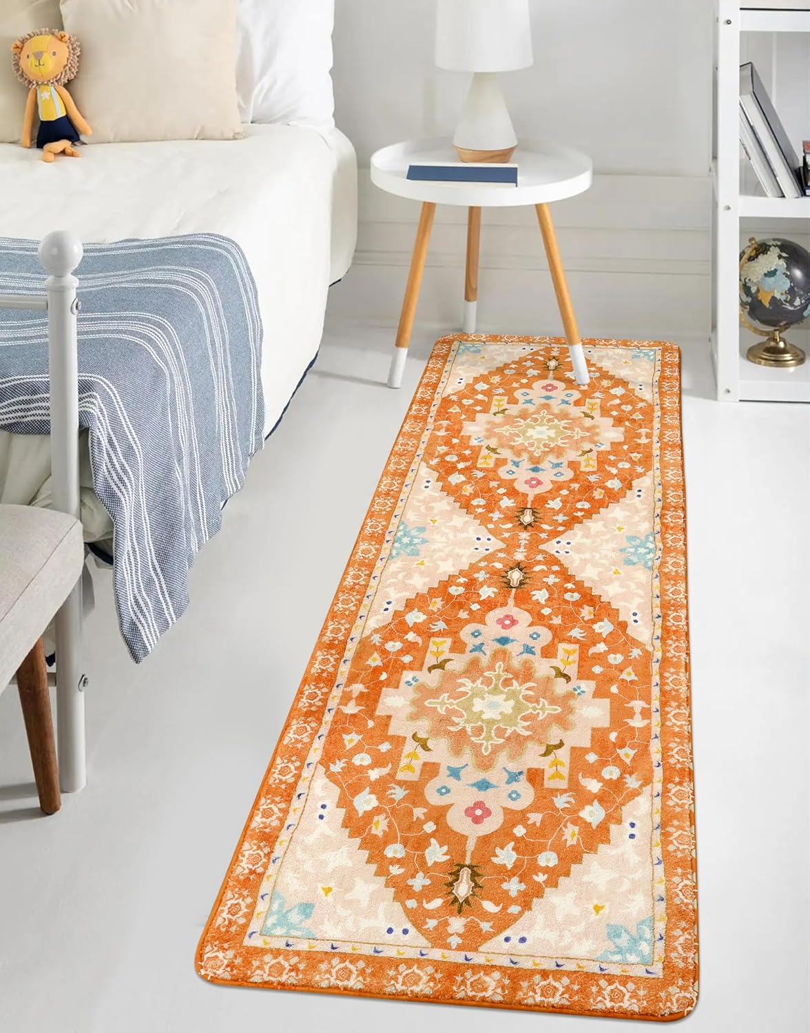 Uphome Boho Hallway Runner Rug Orange Non-Slip Soft Bathroom Rugs Oriental Machine Washable Runner Rug Rustic Tribal Floral Home Decor Carpet for Bedroom Kids Room Entryway, 24x71 inch