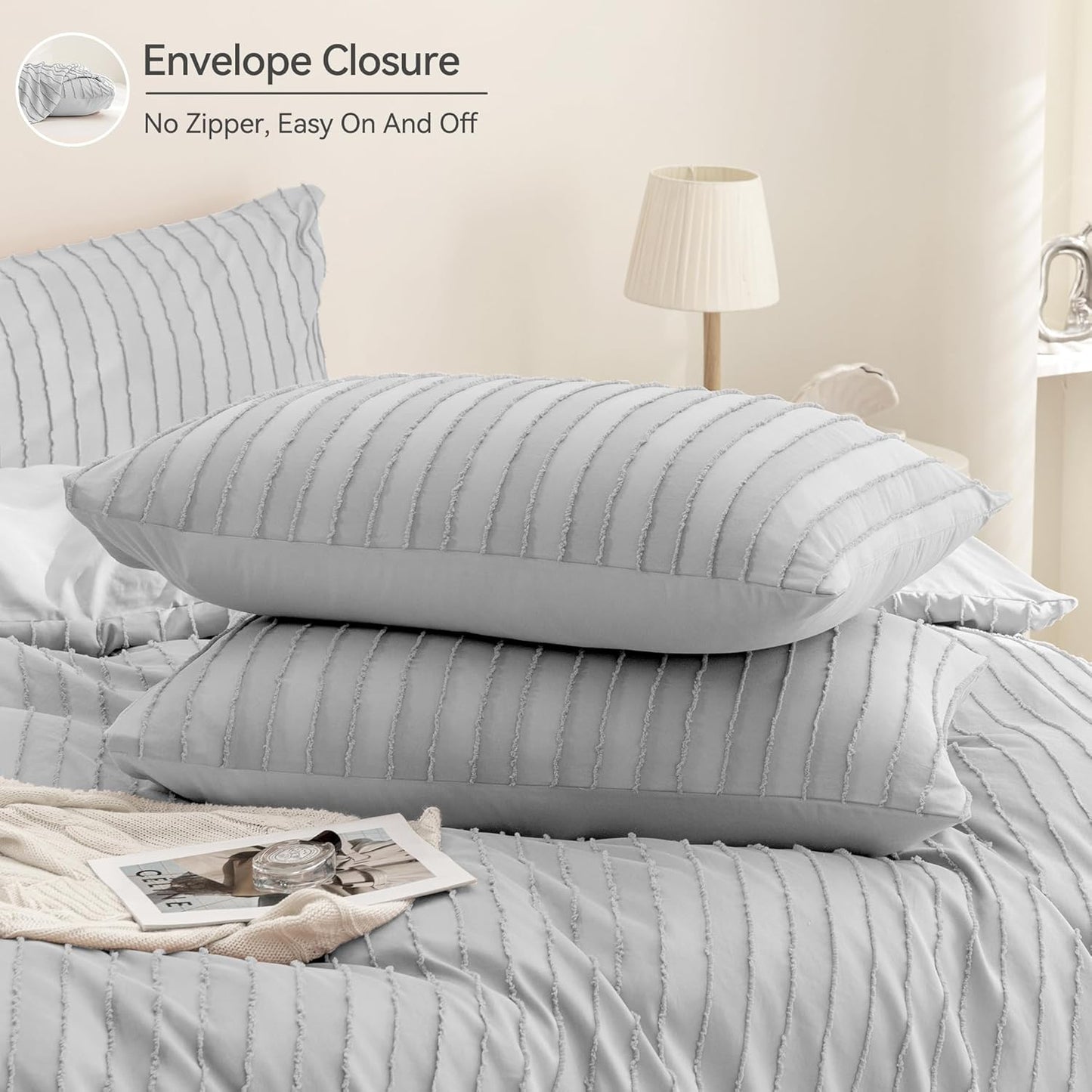 JELLYMONI Duvet Cover Twin Size Light Grey - 3PCS Boho Striped Duvet Cover Set Polyester Tufted Bohemian Textured Comforter Cover 68×90in with Corner Ties & Zipper and 2 Pillowcases