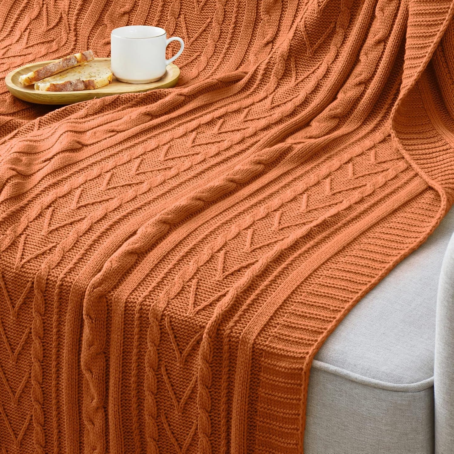 Aormenzy Rust Orange Cable Knit Throw Blankets for Couch Bed Sofa, Acrylic Knitted Blanket, Soft Cozy Throw Blanket, 50" x 60"