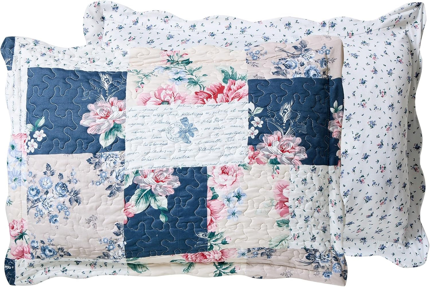 Brilliant Sunshine Roses in Beige Quilt Set, 3-Piece Bedding Sets, Lively Patchwork Design, Washable and Reversible Bedspread, Soft Lightweight Coverlet, All-Season, Full/Queen, Vintage Indigo