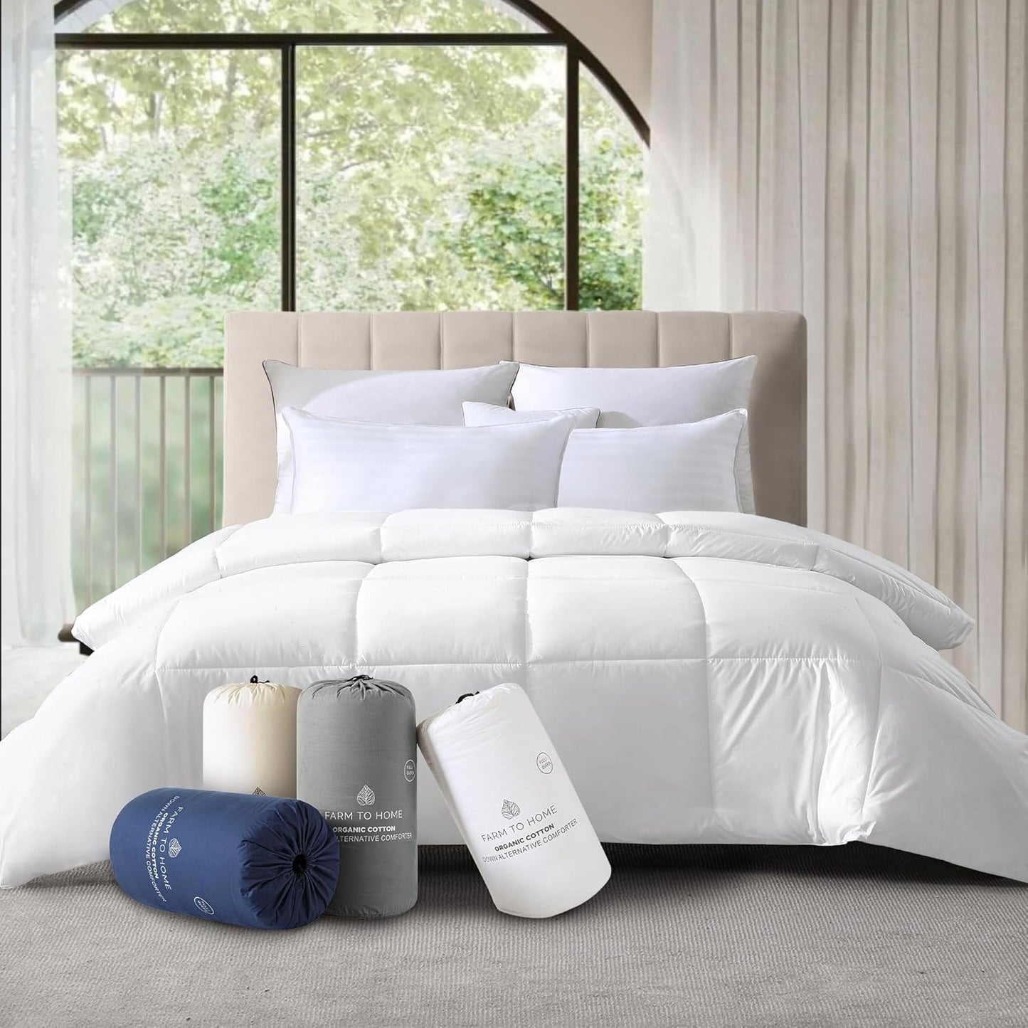 Farm To Home Luxury Comforter Organic Cotton All Season Fluffy Lightweight Down Alternative Machine Washable Comforter for Bedroom, Full/Queen