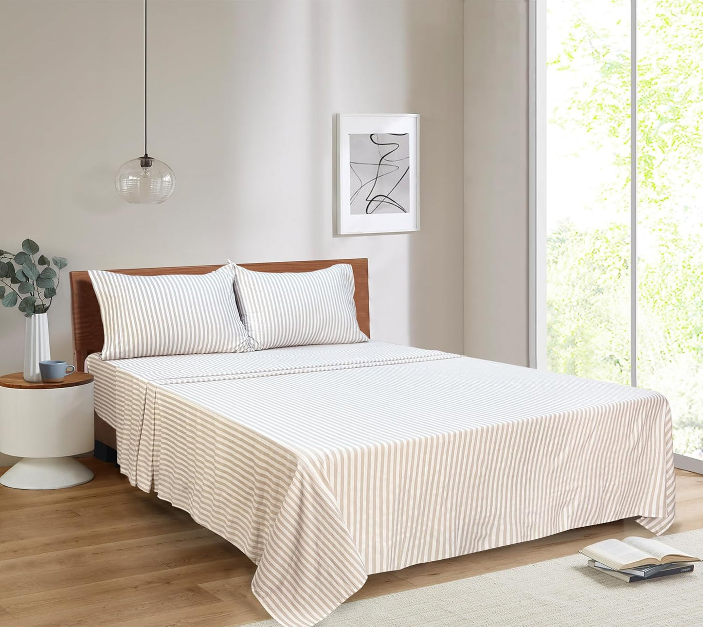Mejoroom Striped King Size Sheet Set - Soft Microfiber Bed Sheets,Deep Pocket Fitted Sheet, Soft, Breathable, Wrinkle & Fade Resistant - 4 Piece (Beige Stripe)