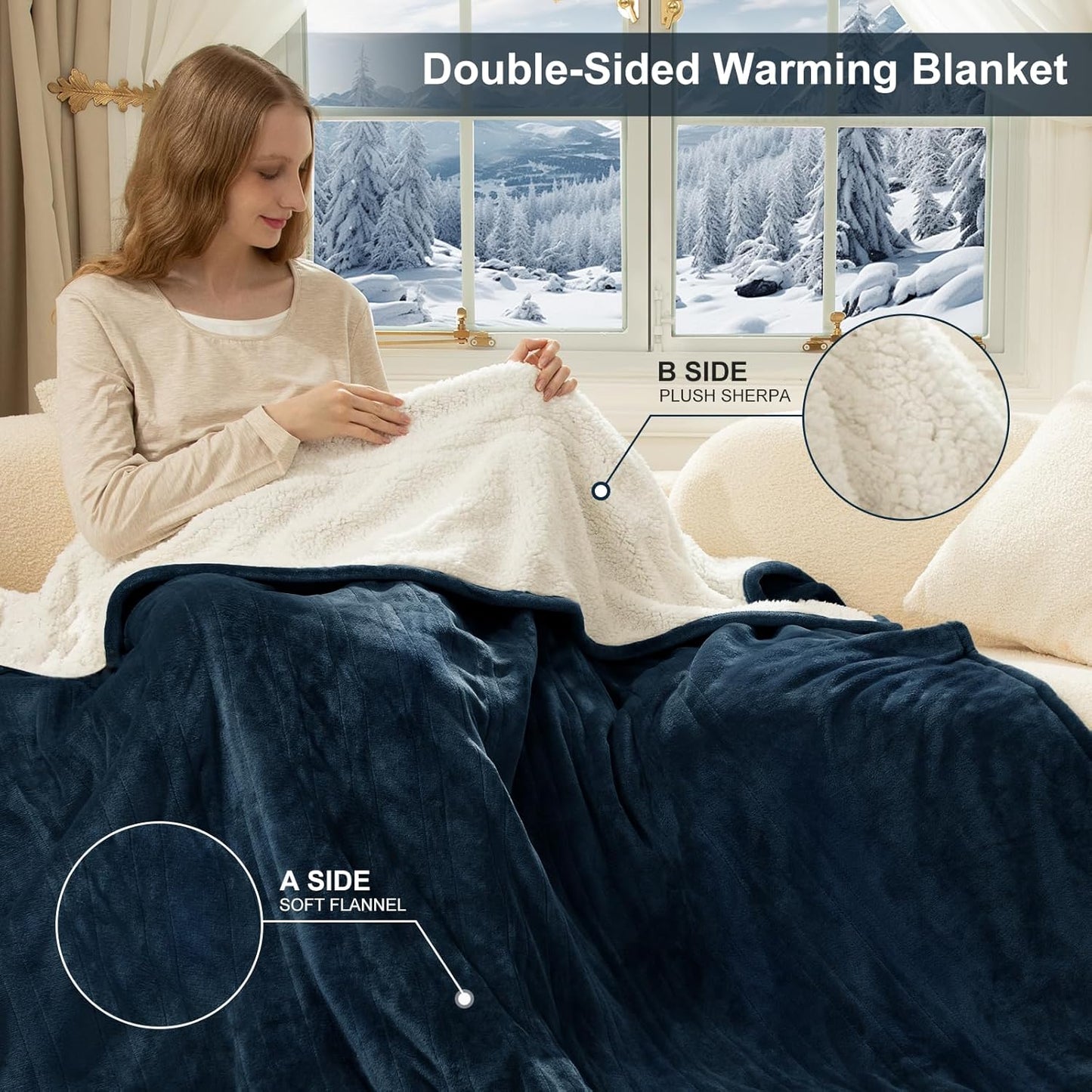 Heated Blanket King Size - Dual Control King Electric Blanket with 5 Heat Settings, 10 Hrs Auto Off for Bed, ETL Certified, Washable Flannel Sherpa Heating Blankets 100" x 90", Navy