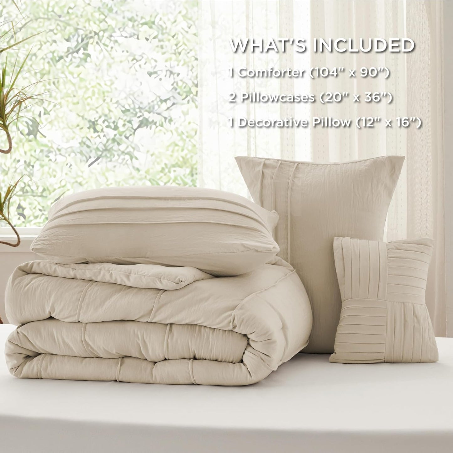 Bedsure King Comforter Set - 4 Pieces Pinch Pleat Bed Set, Linen Boho Bedding for All Season, 1 Soft Comforter, 2 Pillowcases, 1 Decorative Pillow