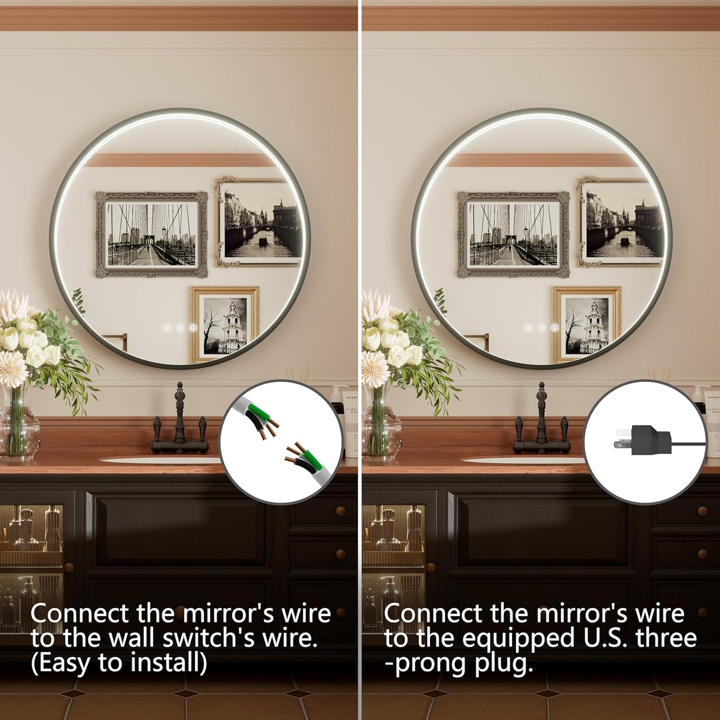 20-inch Round LED Bathroom Mirror with Bluetooth Speakers, Anti-Fog, Dimmable Lights & 3 Color Temperatures (3000K/4500K/6000K), Matte Black Aluminum Frame