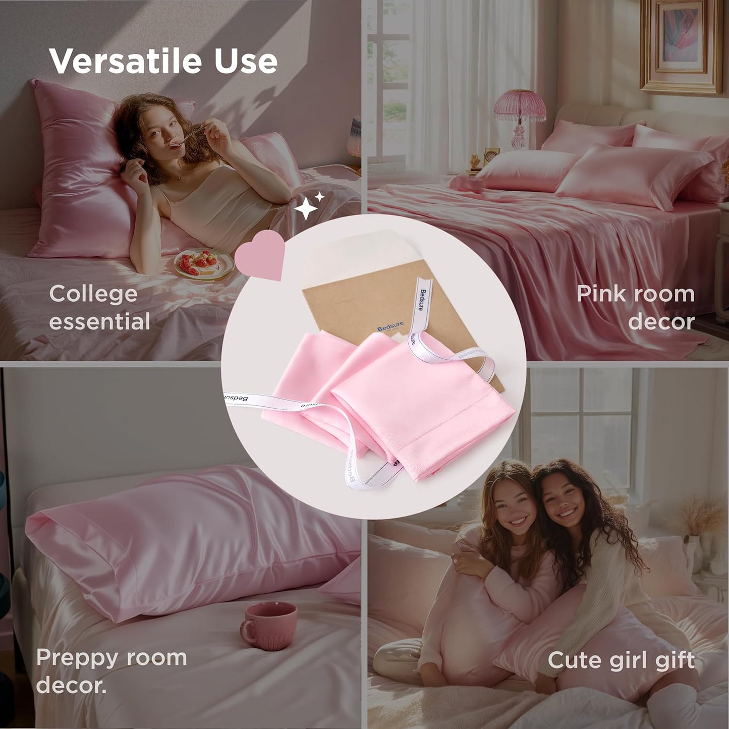Bedsure Satin Pillowcase for Hair and Skin Queen, Similar to Silk Pillow Cases, Pillow Cases Set of 2 with Envelope Closure, Pink Christmas Room Decor Essentials for Girls, 20x30 Inches, 2pcs