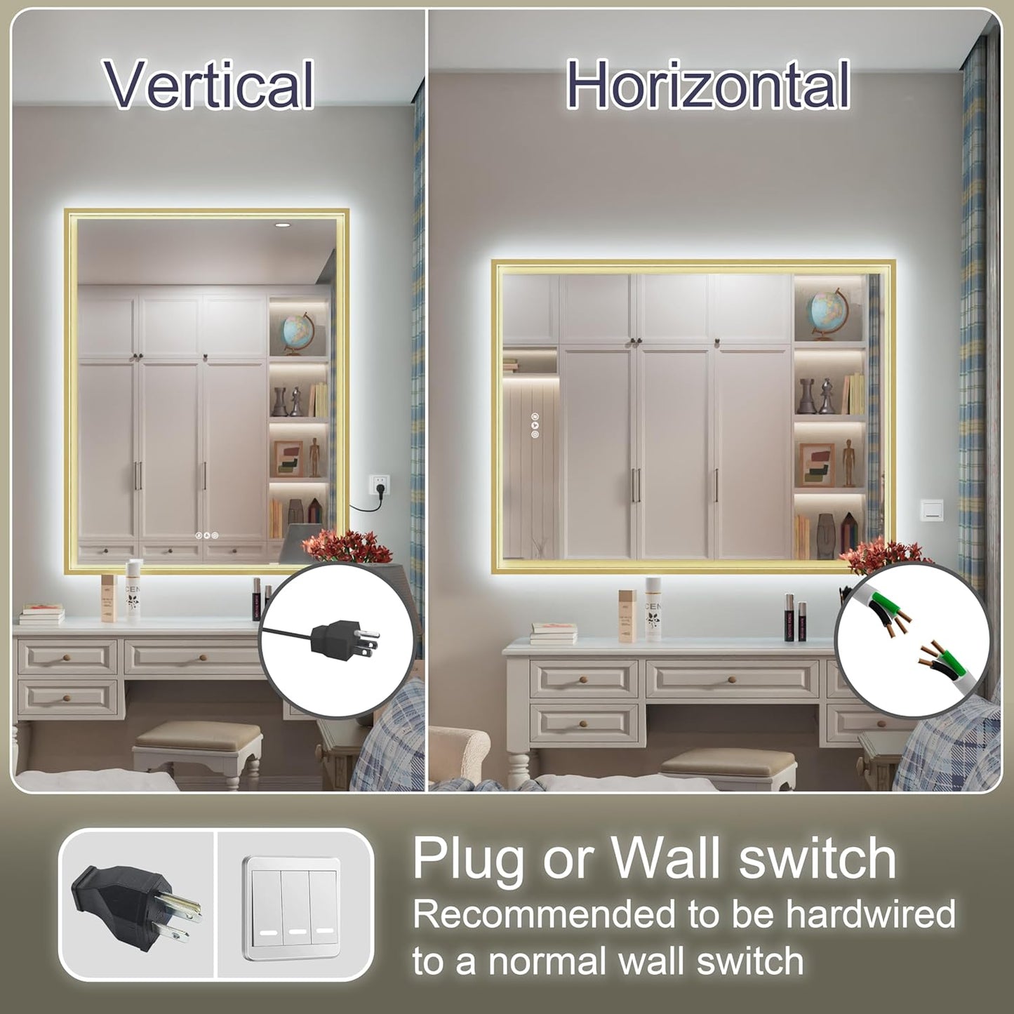 28x36 Inch Gold LED Bathroom Mirror with Front and Back Lights, Adjustable 3000K/4500K/6000K, Wall Mounted Lighted Bathroom Vanity Mirror, Dimmable, Anti-Fog, Horizontal/Vertical