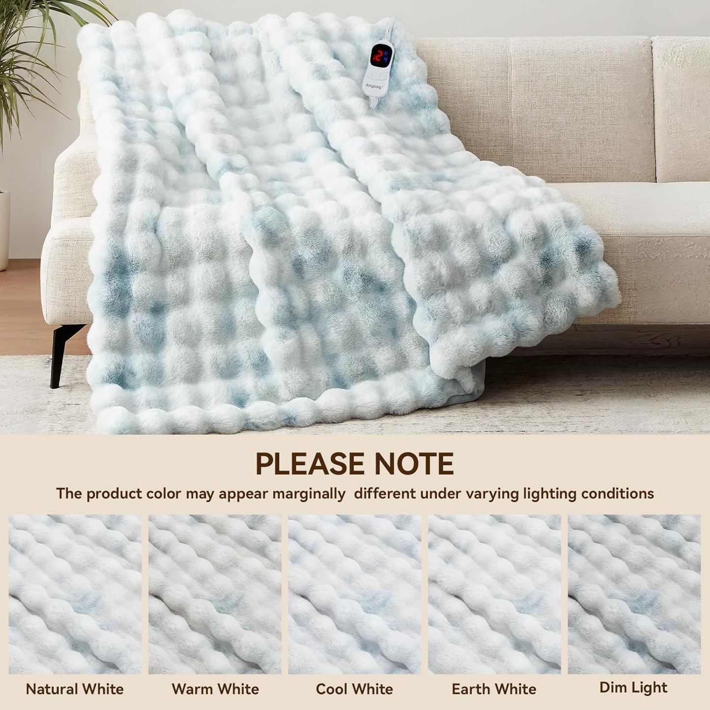 Heated Blanket Full Size with 1/2/4/6/8 Hours Auto-Off 10 Heat Level, 62'' * 84'' Cozy Faux Rabbit Fur Bubble Electric Blanket with Overheat Protection(Brown)
