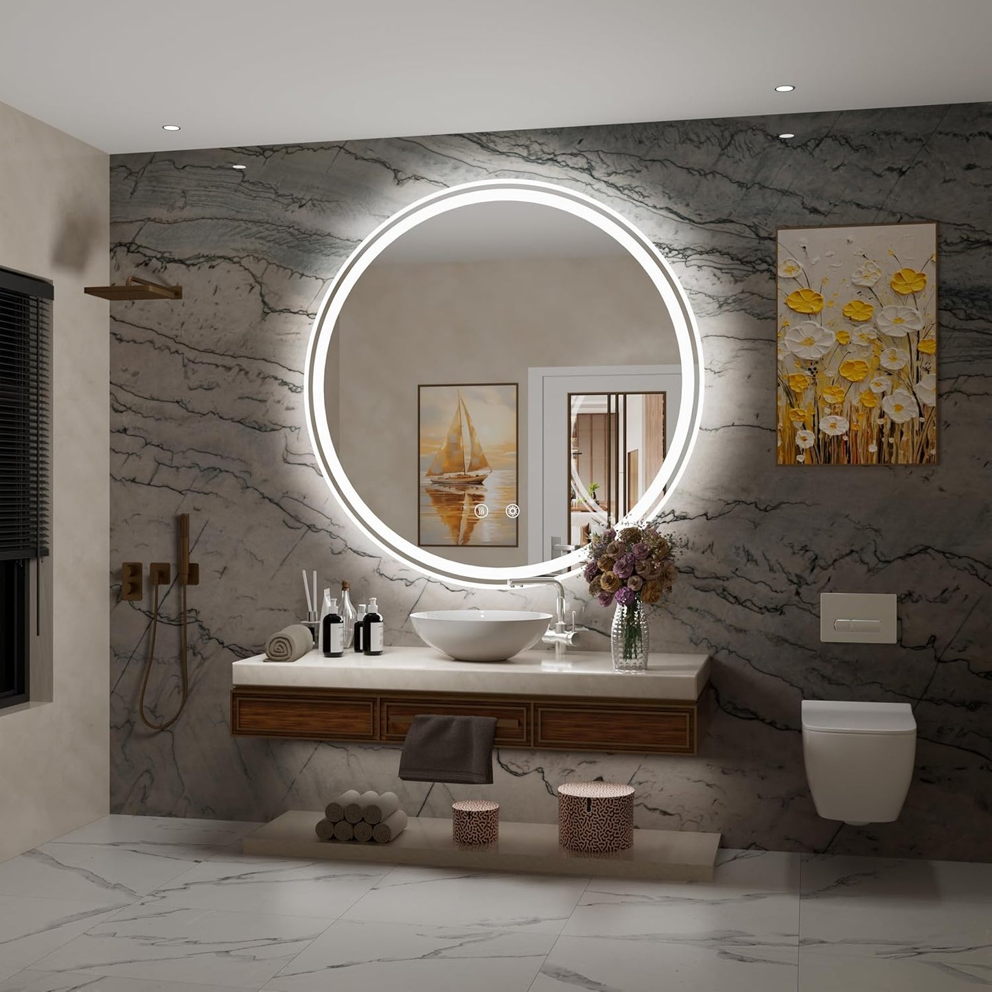 32 Inch Round LED Bathroom Mirror with Anti-Fog, Dimmable Front & Backlit Lights, 6000K Daylight, Frameless, 5mm HD Glass, Memory Function, Touch Control