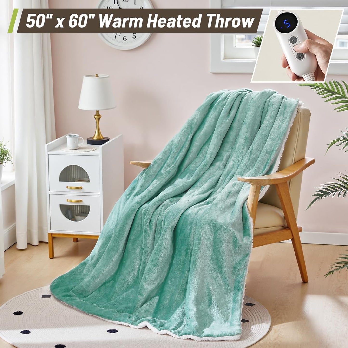 Electric Heated Blanket Throw 50"x60" - Soft Cozy Flannel & Sherpa Fabric Dual-Sided, 9 Heat Settings & 2-10 Hours Auto Off, Warming Heated Throw for Home Office, Machine Washable, Green