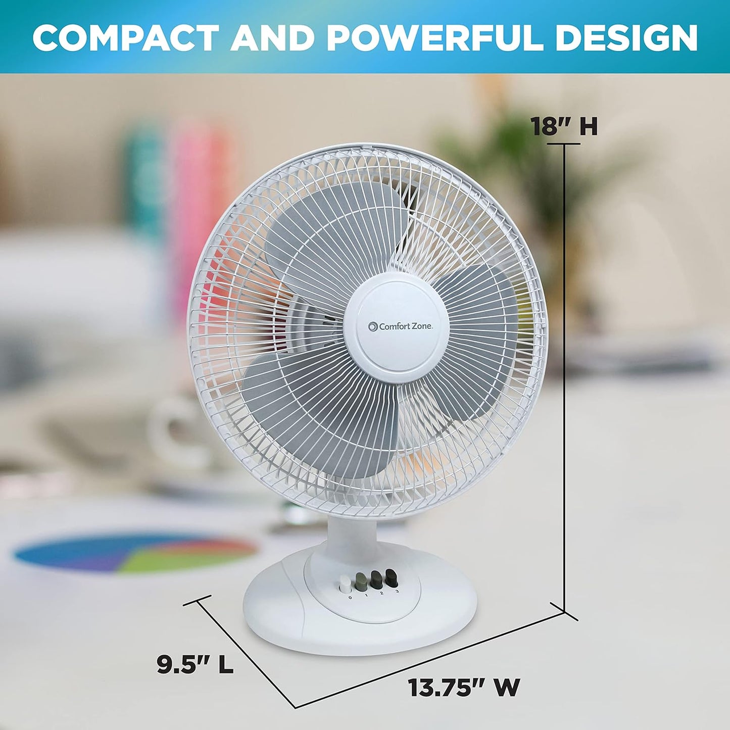 Comfort Zone 12 inch Table Fan with Adjustable Tilt, Wide Area Oscillation, Quiet Air Circulator Fan For Bedroom, 3 Speed Desktop Fan for Home Office, Push Button Controls, White