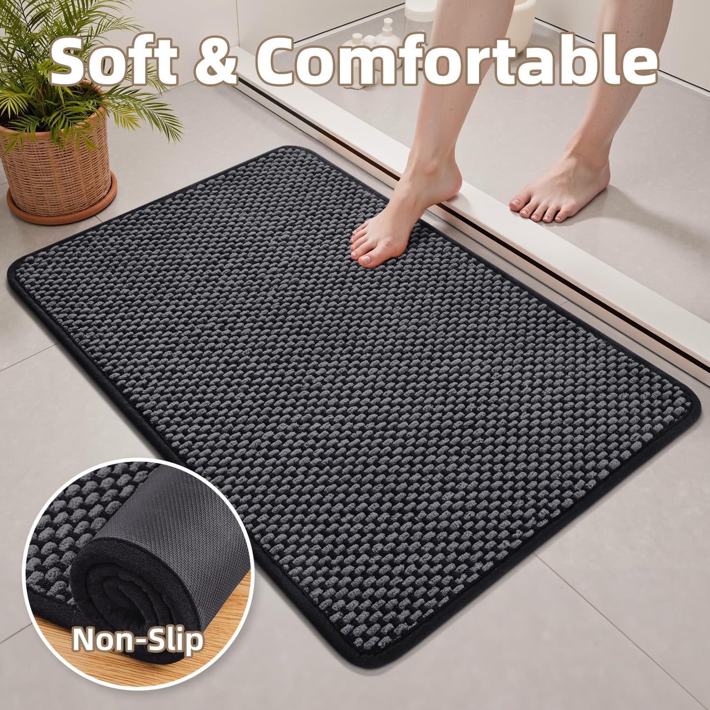 PADOOR-Bath Mat-Super Absorbent Chenille Bathroom Mats-Rubber Backed Bath Mats for Bathroom Non Slip, Easy Clean Bathroom Rugs Front of Bathtub,Shower Room,Sink-17×28, Darkgrey&Black