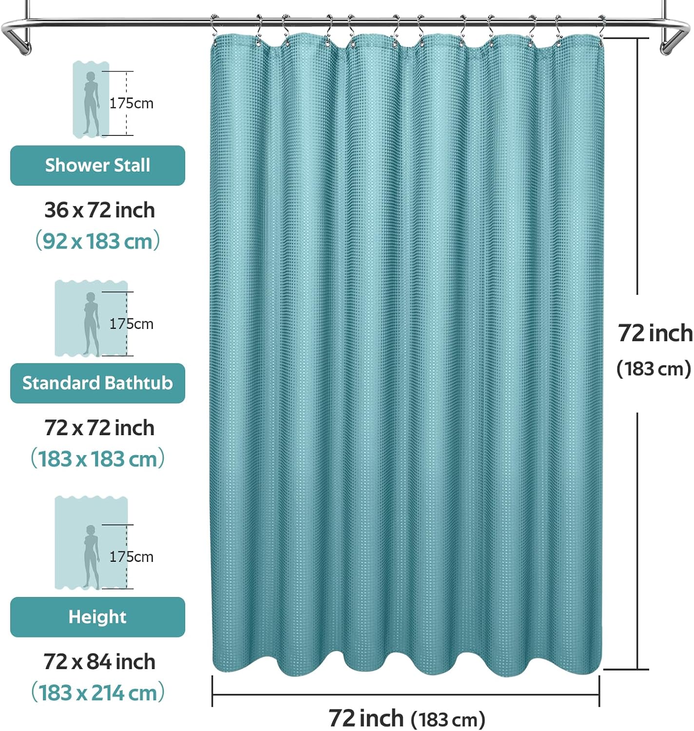 3 in 1 Shower Curtain Set, Waffle Shower Curtain and Liner Set with 12 Double Sided Shower Curtain Hooks, 258GSM Luxury Weighted Cloth Shower Curtains for Bathroom, 72 W x 72 H, Teal