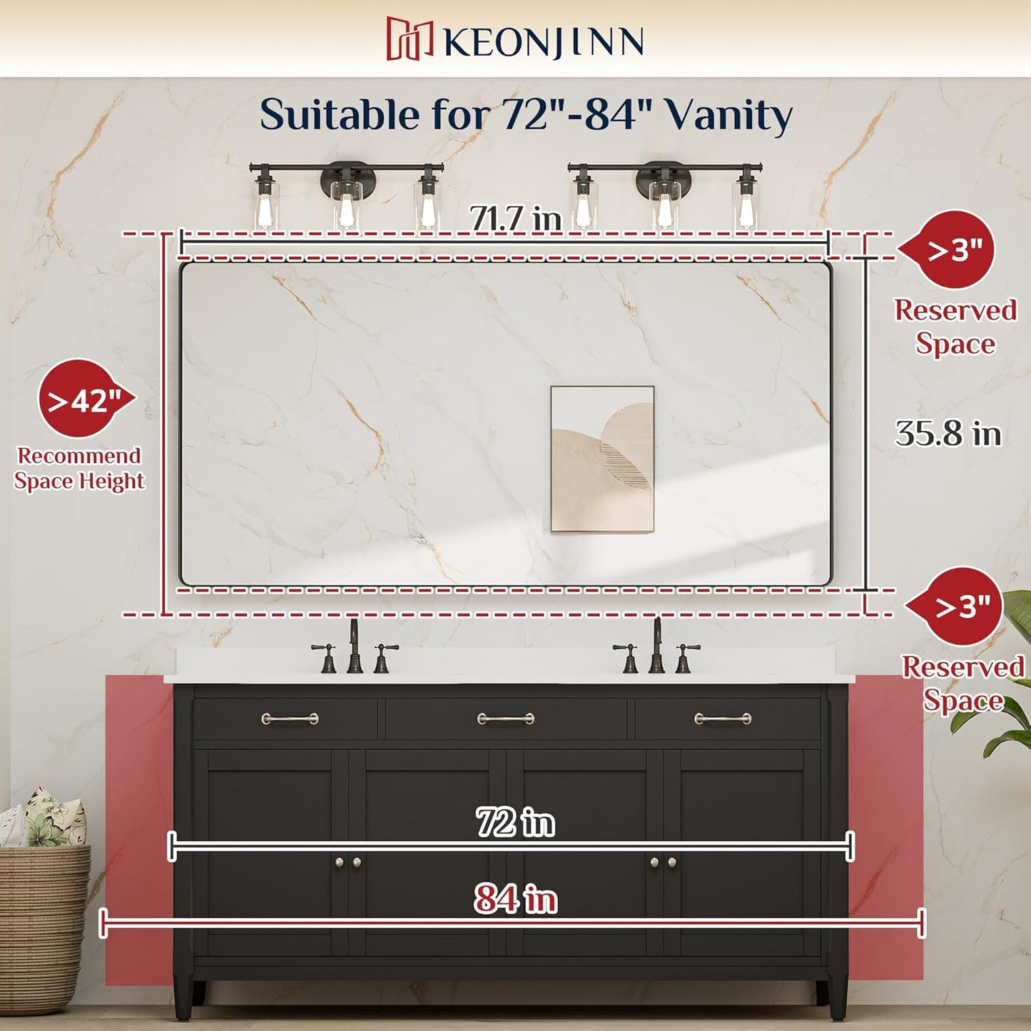 Keonjinn 72 x 36 Brushed Nickel Bathroom Vanity Mirror, Large Rounded Rectangle Bathroom Mirrors for over Sink, Metal Framed Silver Mirror for Wall, Shatterproof HD Tempered Glass(Horizontal/Vertical)