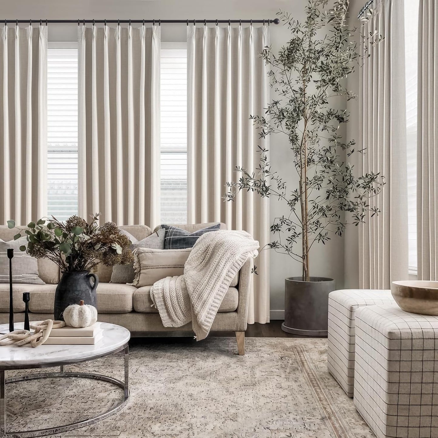 Topfinel 102 Inches Long Custom Blackout Linen Curtains, Pinch Pleated Noise Cancelling Curtains with Pin Hooks for Traverse Rods, Burlap Viral Drapes 2 Panels for Living Room Master Bedroom Oatmeal