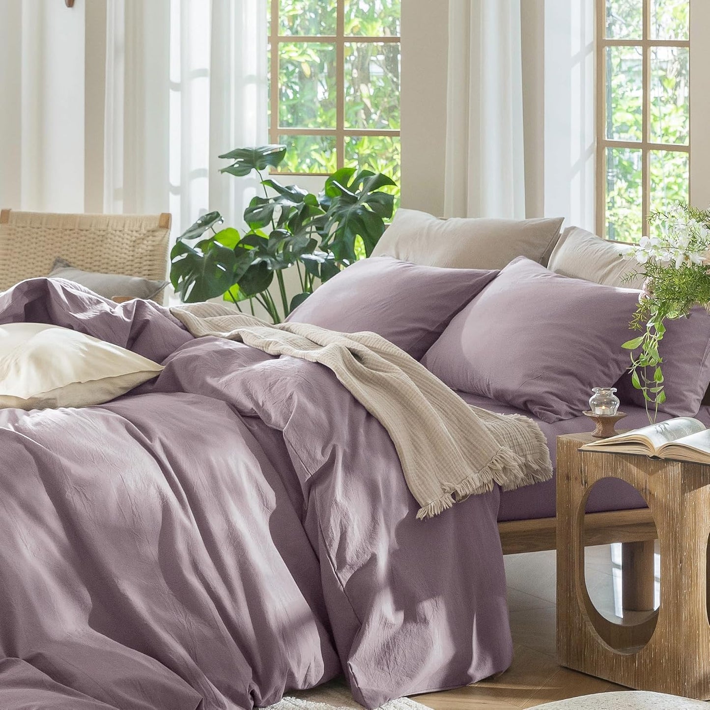 MooMee Bedding Duvet Cover Set 100% Washed Cotton Linen Like Textured Breathable Durable Soft Comfy (Solid Taro Purple, Alaska King 132"x120")
