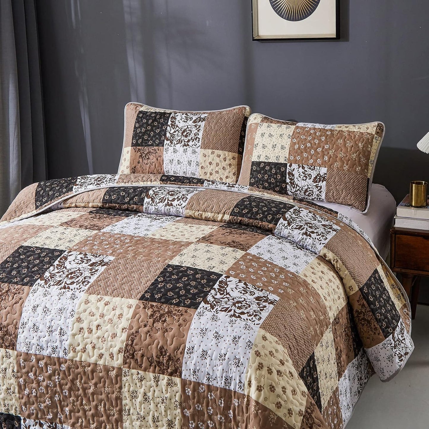 Mybedsoul Brown Quilt Set Twin Size, 2 Pieces Plaid Floral Bedspread Set Patchwork Reversible Bedding Set Microfiber Lightweight Bedspread Coverlet Set for All Season 68"x86"