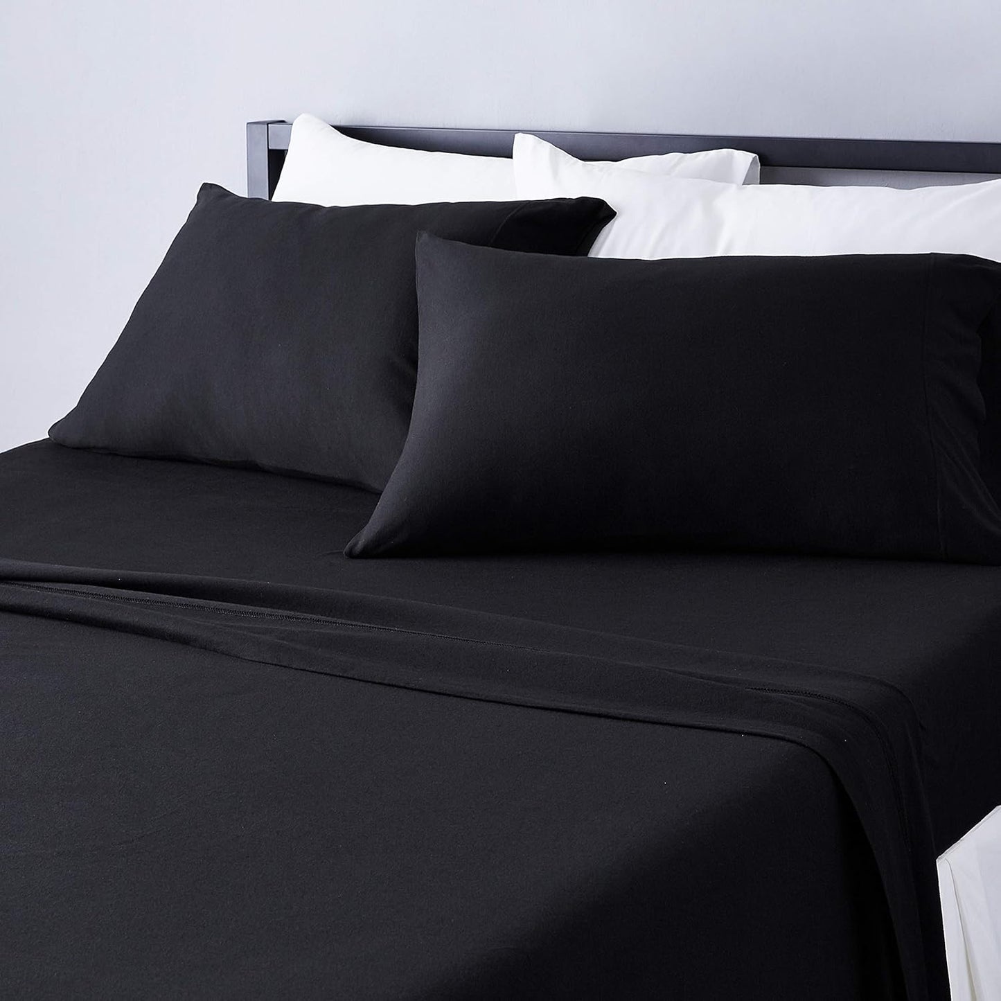 Amazon Basics 4 Piece Bed Sheet Set, 100% Cotton Jersey, Includes Super Soft, Flat and Fitted Sheets, Pillowcase, Queen, Black, Solid