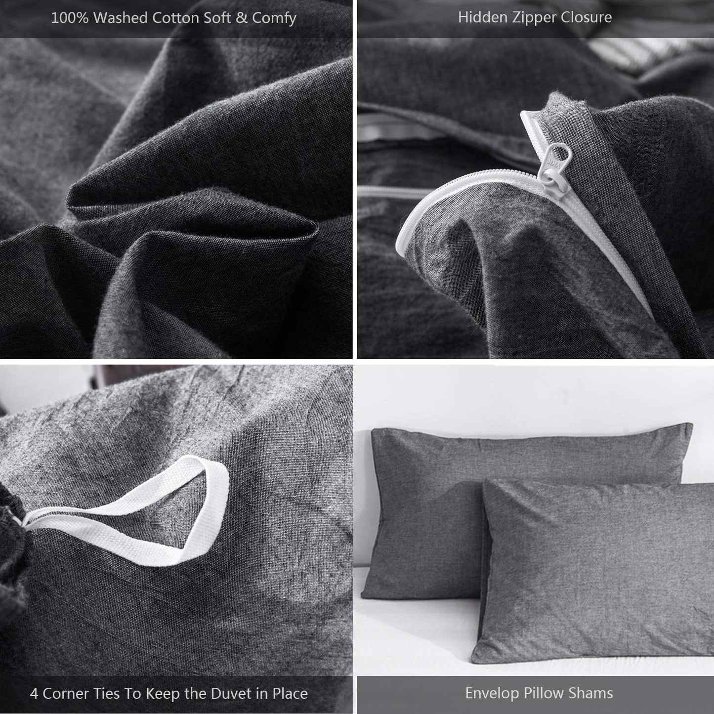 MooMee Bedding Duvet Cover Set 100% Washed Cotton Linen Like Textured Breathable Durable Soft Comfy (Heathered Dark Grey, Oversized Queen 98"x98")
