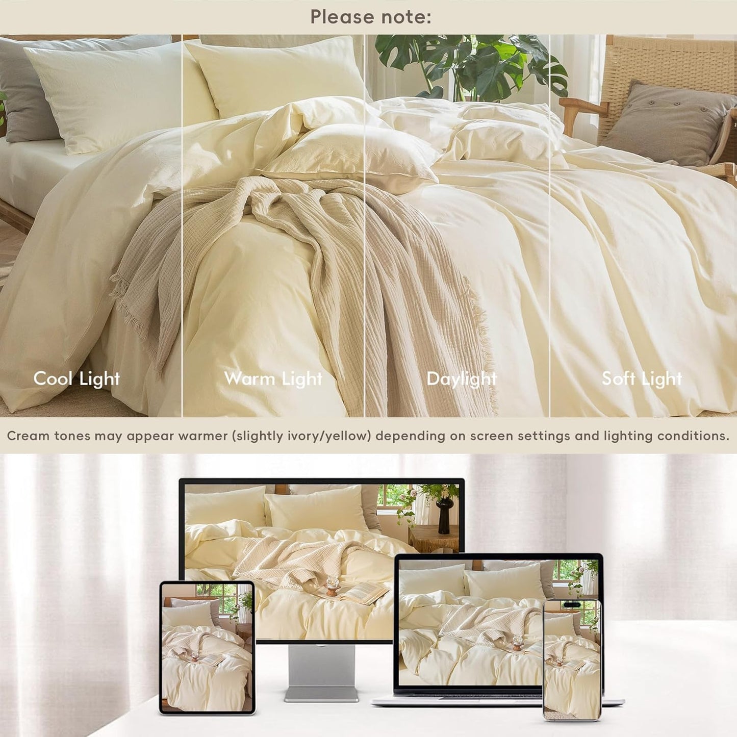 MooMee Bedding Duvet Cover Set 100% Washed Cotton Linen Like Textured Breathable Durable Soft Comfy (Solid Cream White, Super King 108"x98")