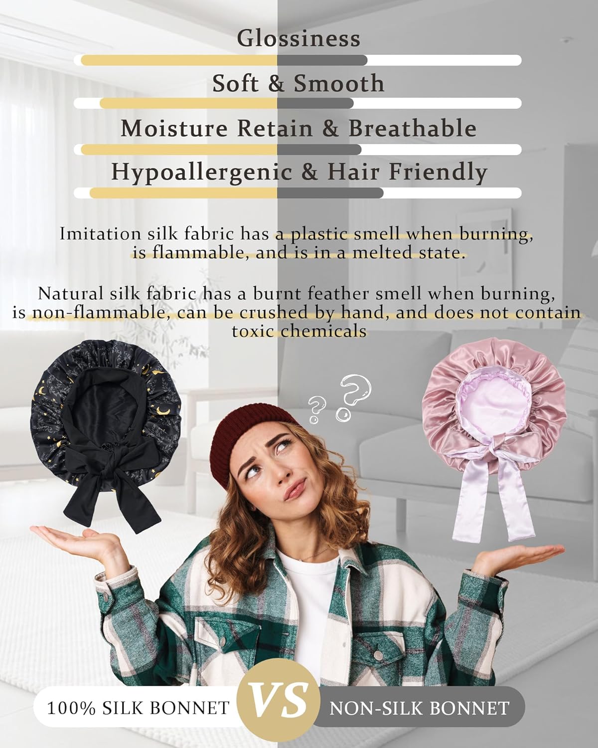 100% Mulberry Silk Bonnet for Sleeping Women Double Layer Silk Hair Bonnet Natural Sleep Cap with Elastic(Black + Moon)