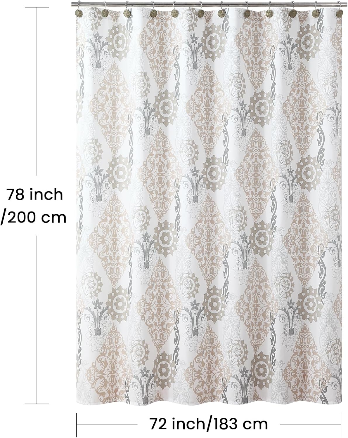 Fabric Shower Curtain 78 Inches Long, White and Beige Boho Damask Print Shower Curtains for Bathroom, 72" W x 78" H