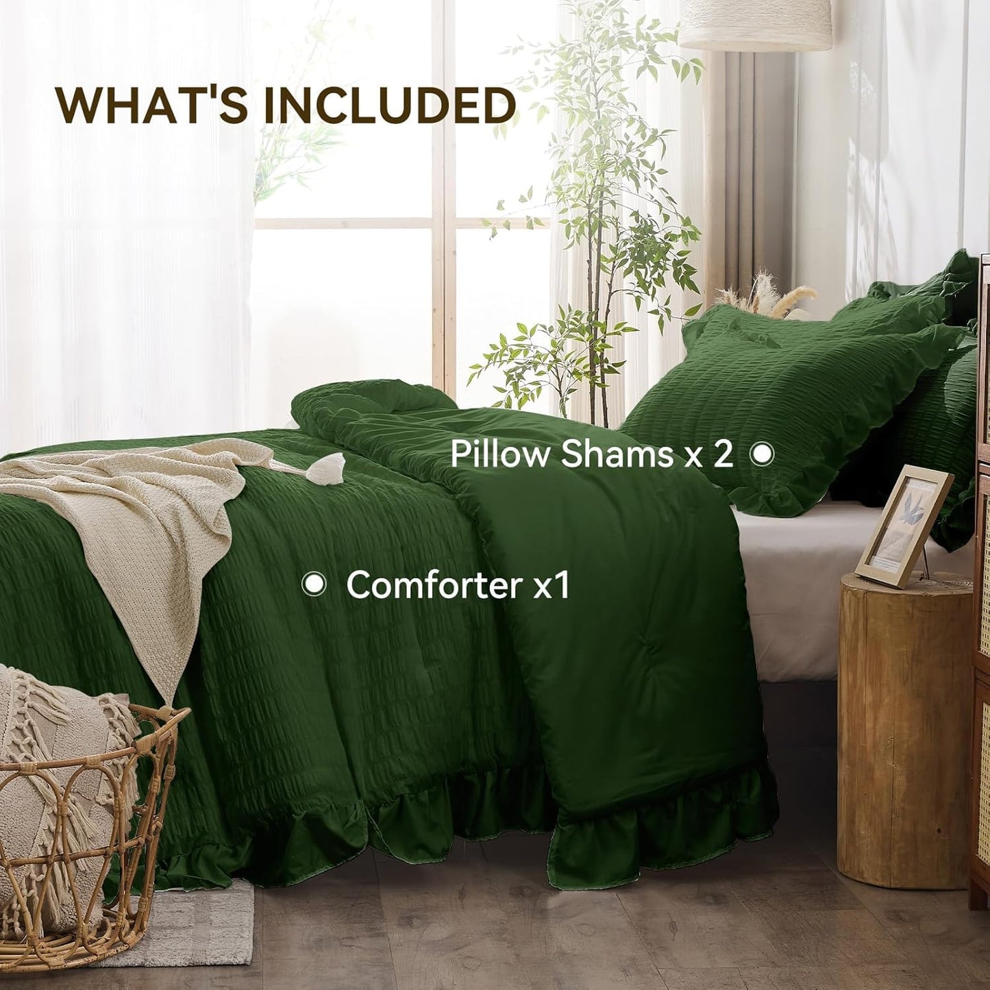 JOLLYVOGUE Dark Green Queen Comforter Set, 3 Pieces Seersucker Comforters Queen Size, Lightweight & Fluffy Bedding Sets Queen for All Season with 1 Ruffle Comforter and 2 Ruffle Pillowshams
