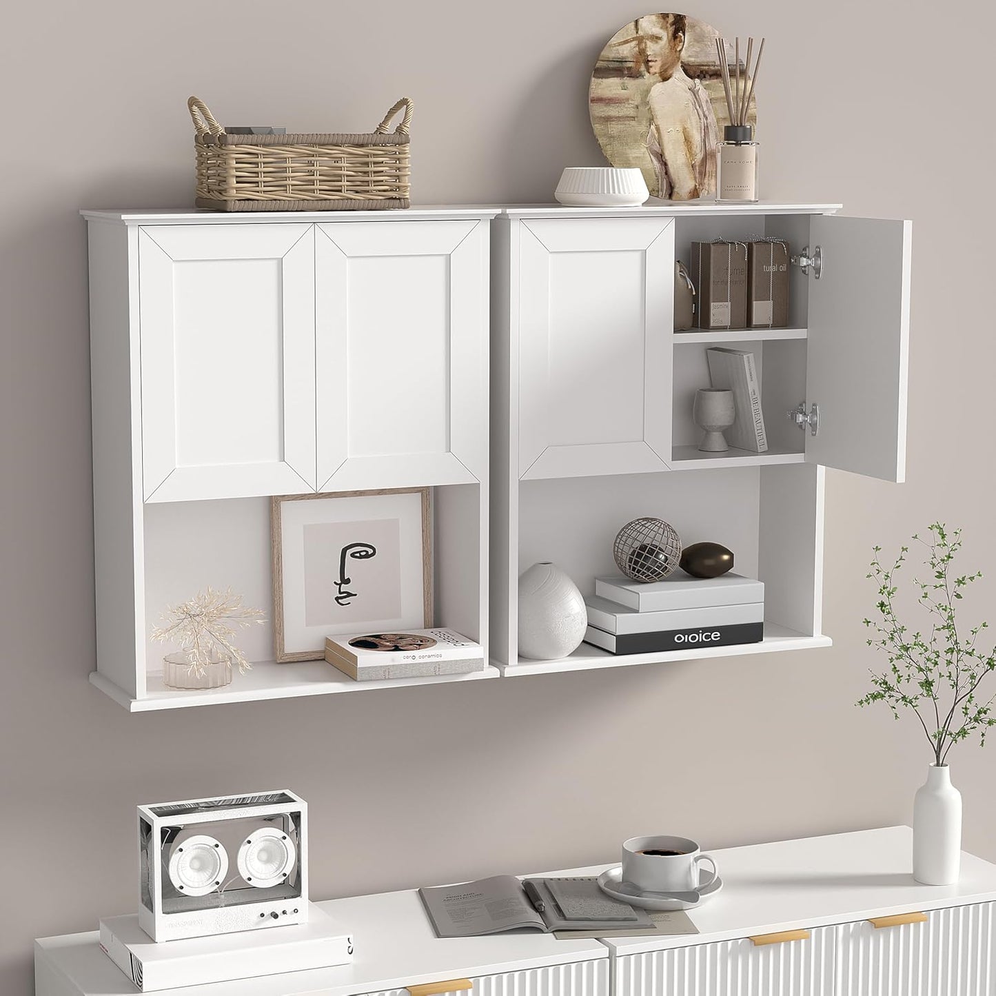 Bathroom Wall Cabinet Wooden with 2 Doors,Over the Toilet Storage Cabinet,Bathroom and Laundry Wall Mount Storage Medicine Cabinet with Open and Adjustable Shelf,Easy Assembly (Style A-2 PC, White)